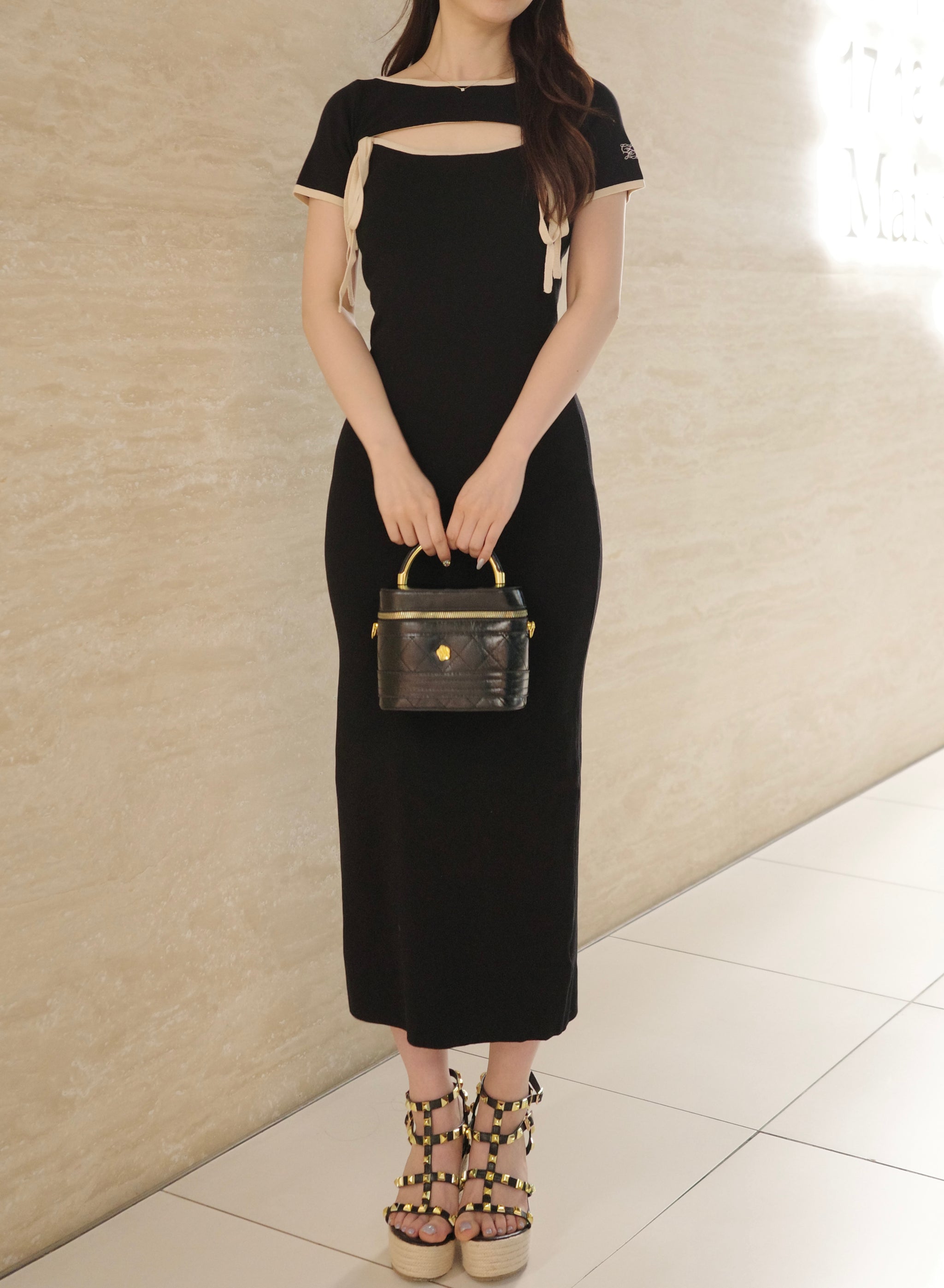 バイカラーリボンニットロングワンピース – Ciel